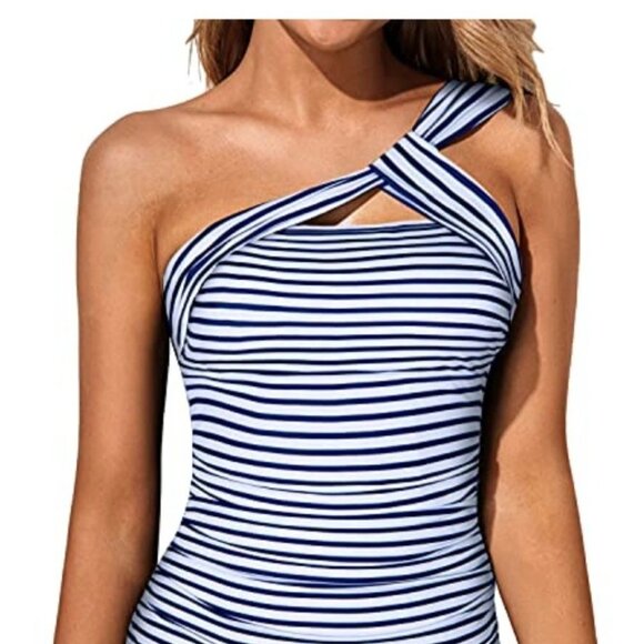 Womens Striped One-Shoulder Swimsuit With Bikini Bottoms 18W Navy/White Tempt Me - Picture 3 of 9